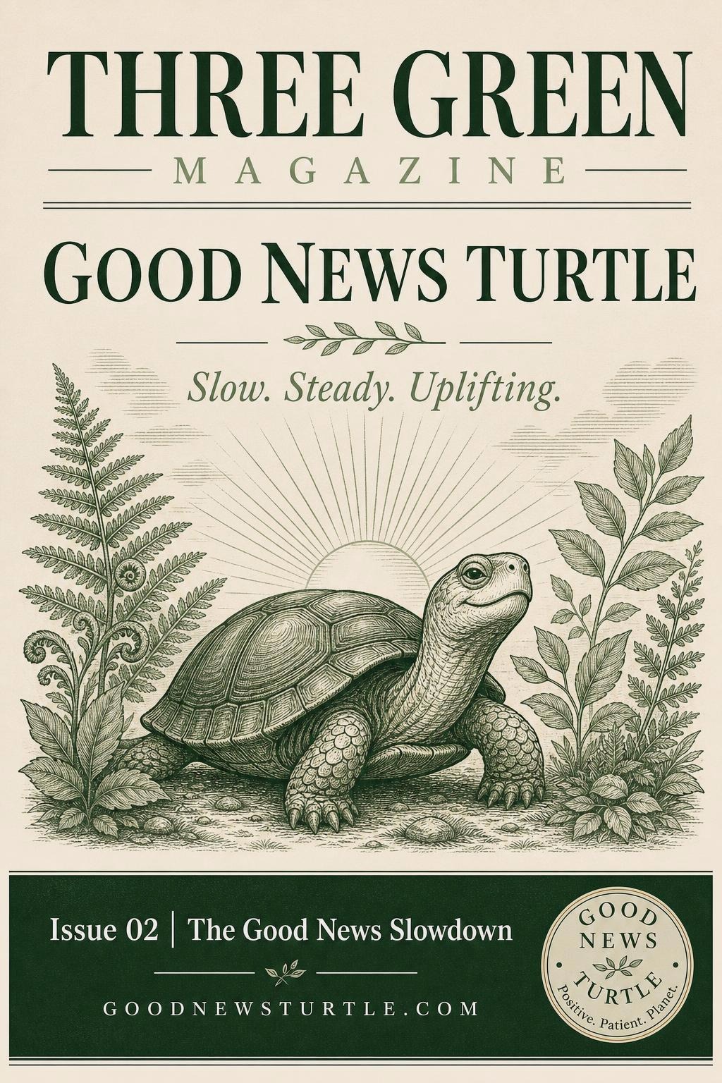 Three Green Magazine Issue 02 cover — Good News Turtle